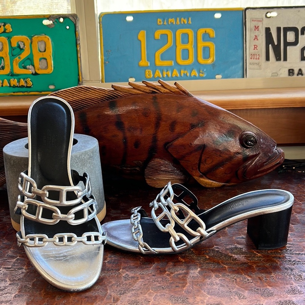 HERMES Metallic Calfskin Tandem Sandals Luxury Size 37 - Picture 5 of 16